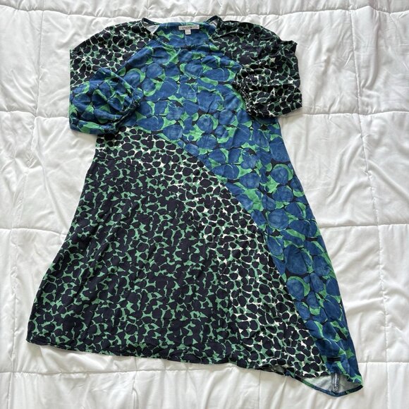 Chico's Dresses & Skirts - Chico's Midi Dress Womens Medium Geometric Green Black Spotted 3/4 Sleeve Silk